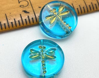 Czech Glass Dragonfly Coin Beads: Teal Blue with Gold 18mm, Pack of 2, Whimsical Jewelry