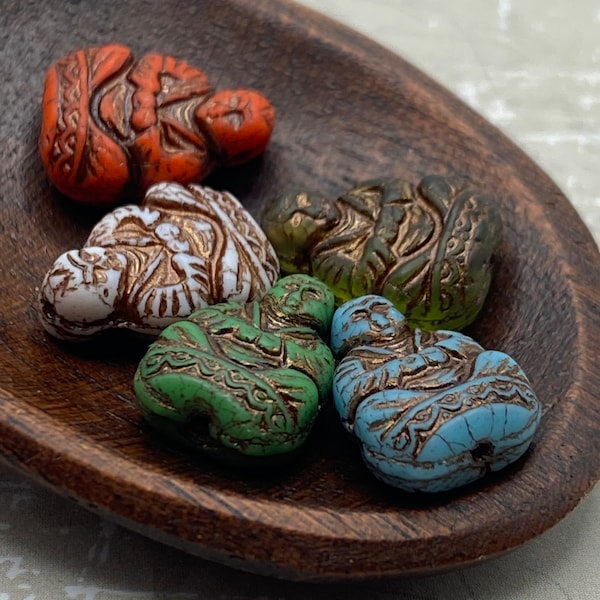 Czech Glass Buddha Beads | 15x11mm | Mix of Rutic Colours | 5 pcs | Czech Glass | Spiritual Jewellery Making Beads Craft