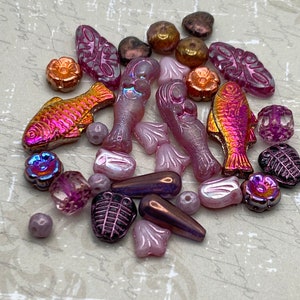 Artisan Czech Glass Bead Mix | Mermaid Beads | Metallic Purple & Pink Colour Assortment | Fire Polished, Flowers, Arabesque | DIY Jewellery