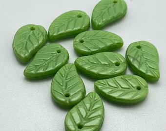 Forest Green Czech Glass Leaves, Jewellery Making Beads: 14x9mm, Pack of 10