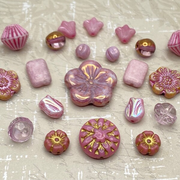 Czech Bead Mix | 20mm Hibiscus Flower | Pink Picasso Bead Medley | Bohemian Artisan Glass Beads Perlen - Jewellery Making DIY Jewelry Craft