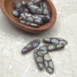 Czech Glass Dagger Beads 16x5mm, Set of Twenty (20)| Matte Brown Peacock Rainbow