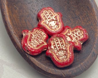 Mystic Hamsa Hand Beads: Coral Red Gold Wash, Spiritual Boho Jewellery (4 pack, 15x10mm)