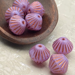Czech Glass Striped Tribal Bicone Beads | 11mm | Purple Thistle with Copper Lines | Pack of 8 | Bohemian Lantern Beads for Jewelry Making