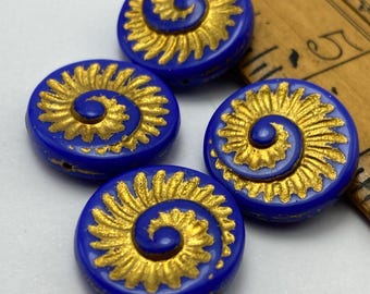 Czech Glass Fossil Coin Beads 18mm, Deep Blue with a Gold Wash (Set of 4)
