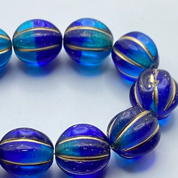 Bohemian Czech Glass Melon Beads | 12mm | Pack of 6 | Sapphire and Sky Blue With Gold Wash | Chunky Fluted Round Beads | Jewellery Making