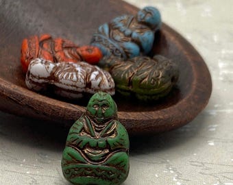 Czech Glass Buddha Figure Beads | 15x11mm | Mix of Rutic Colours | 5 pcs | Bohemian Artisan, Spiritual Jewellery Making Beads Craft Supplies