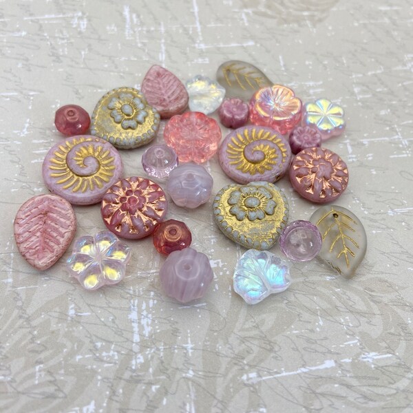 Czech Bead Mix | 20mm Fossil Coins | Pink and Gold Picasso Medley | Bohemian Artisan Glass Beads Perlen - Jewellery Making DIY Jewelry Craft