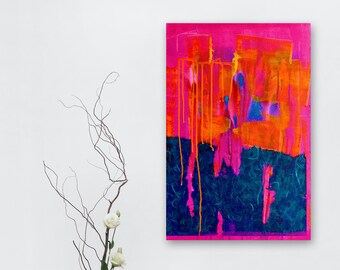 Small powerful abstract acrylic collage on canvas in magenta, blue & orange • 40 x 60 cm • acrylic colors tissue paper