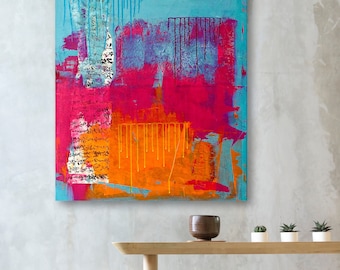 Abstract collage with pigments, acrylic paints, textured, silk and printed handmade paper on canvas • 80 x 100 cm • magenta turquoise orange
