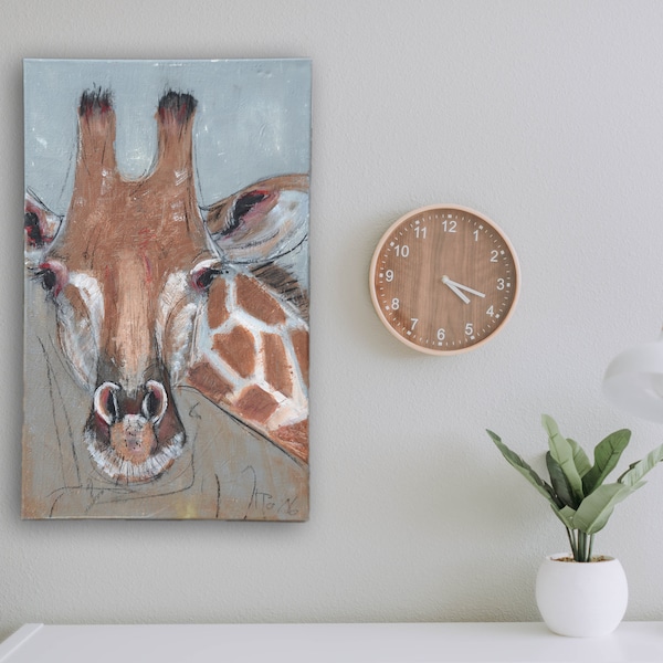 Giraffe 1: Original Acrylmalerei auf altem Leinen und XL-Leinwand • 50x80x5cm • Gesso Pigmente Acryl Kohle Kreide • grau braun schwarz weiss