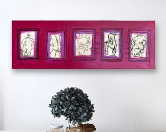5 funny nude drawings (monotypes) / sketches on canvas • acrylic paints purple purple • 90 x 30 cm