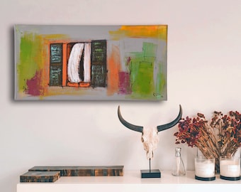 Collage with open window: fine art print, acrylic paints & charcoal on canvas, 60 x 30 cm, grey green orange black white