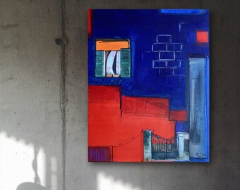 Colour-intensive collage of a house scene: gesso, acrylic, glaze, fine art print, fabric on canvas - 80 x 100 cm