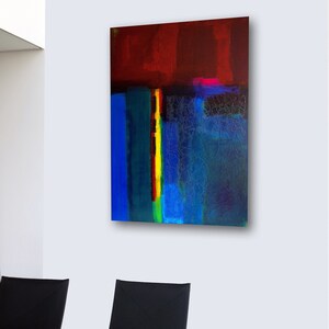 Colour-intensive collage with oil, acrylic, textured paper, glaze on canvas • Blue, red, yellow, green, black • 80 x 100 cm