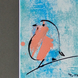 Ink drawing robin & hand print - Fritzi 05 - natural white paper with passepartout, 24 x 30 cm - frame optional