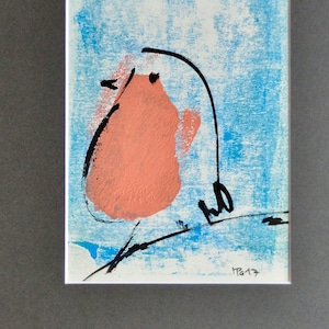 Ink drawing robin & hand print - Fritzi 04 - natural white paper with passepartout, 24 x 30 cm - frame optional