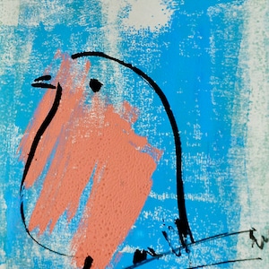 Ink drawing robin & hand print - Fritzi 20 - natural white paper with passepartout, 24 x 30 cm - frame optional