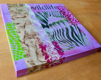 Mixed-Media-Collage "wildlife" zebra motif • acrylic paint, transfer technique, handmade paper & stencil print on wooden background • 40x40x5cm