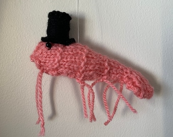 Cornish knitted Pink Prawn with Top Hat