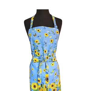 Sunflowers on Blue Cotton Apron with Large Pocket and Adjustable Neck Strap Brand New