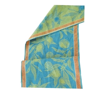 Real Linen Yellow Lemom on Blue Bed Scarf /Bed Runner for King Size Bed 18&quot; by 98&quot;