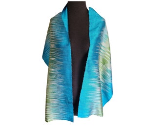 Turquoise Green Cream Hand Woven Nam-Lai Silk Scarf New from Thailand