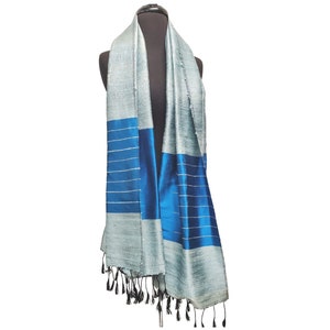 Blue and Gray Silk Scarf: Handwoven Thai Shawl