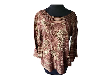 Party Brown Beige Silk Floral Ribbon Lace Blouse Zipper back, Bell sleeve 3/4 length Brand New