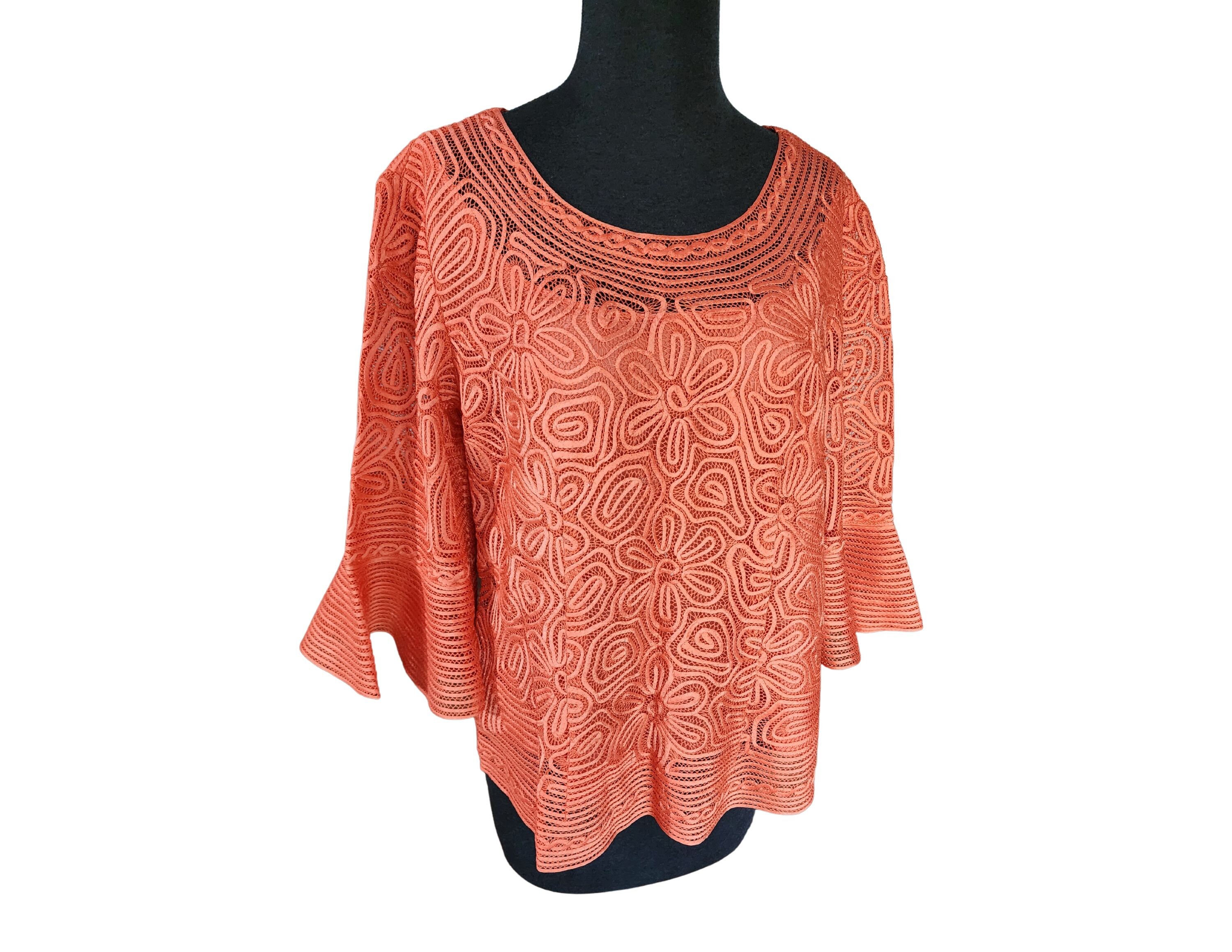 Party Orange Silk Floral Ribbon Lace Blouse Zipper back, Bell sleeve 3/4 length Brand New
