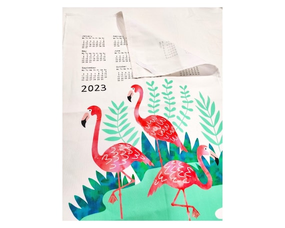 Dish Towel Tea Towel in Three Pink Flamingo 2023 Calendar  Linen Cotton Canvas