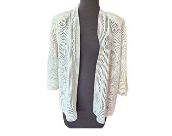 Silk Ribbon White Lace Jacket w 3/4 length Sleeve Open Front Brand New