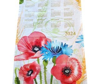 2024 Calendar Dish Towel Tea or Wall Hanger in Red Floral Linen Cotton Canvas Brand New