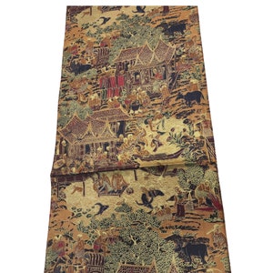 Thai Silk Table Runner: Ancient Village Print, Brown Gold Orange