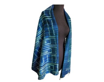 Thai Mudmee Blue Silk Wrap Scarf Shawl in Beige Stripes from Northeast (Esaan)