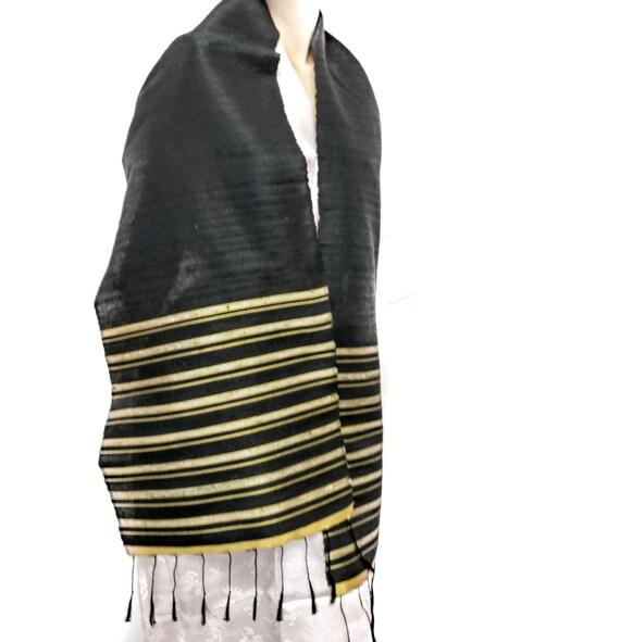 Black  with Gold Stripes 100% Hand Woven Silk Scarf New Imported from Thailand