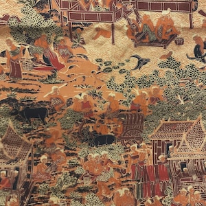 Oranjebruin goud 100% zijde loper met oude Thai Village-print Gloednieuw