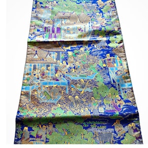 Blue Green Gold Thai Village Screen Real Silk Table Runner 74 inches (185 cm) long and 13 inches (32.5 cm) wide Brand New Tassels