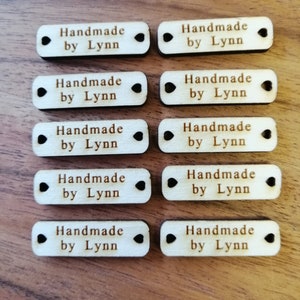 Personalised Wooden Rectangle Labels, Handmade by Tags, Tags with Heart Holes, For Knitting, Crochet & Sewing Products.