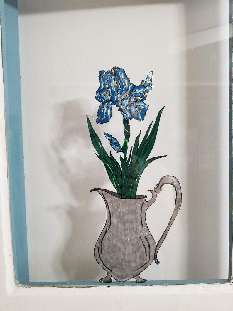 Hand Painted Stained Glass art clingdecal Blue Iris in Silver Pitcher