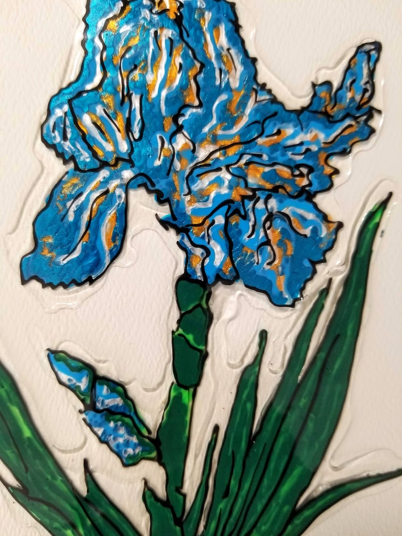 Hand Painted Stained Glass art clingdecal Blue Iris in Silver Pitcher