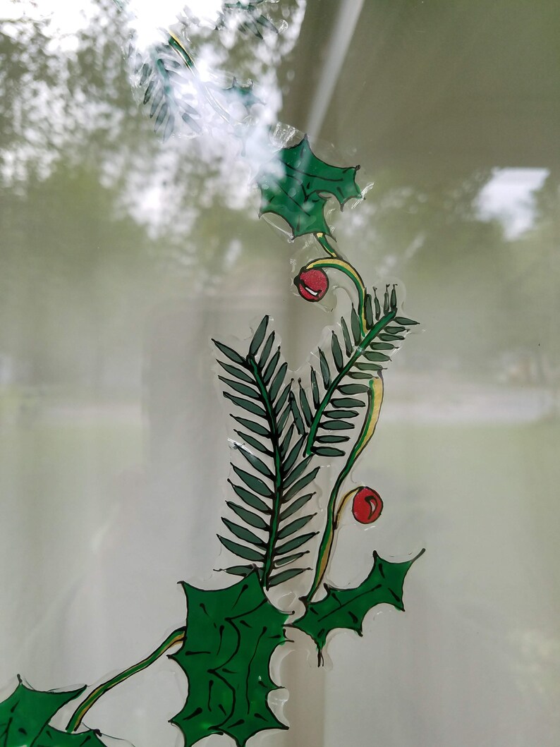 handpainted art clingstained glass decal Holly and Pine Christmas blue bird wreath