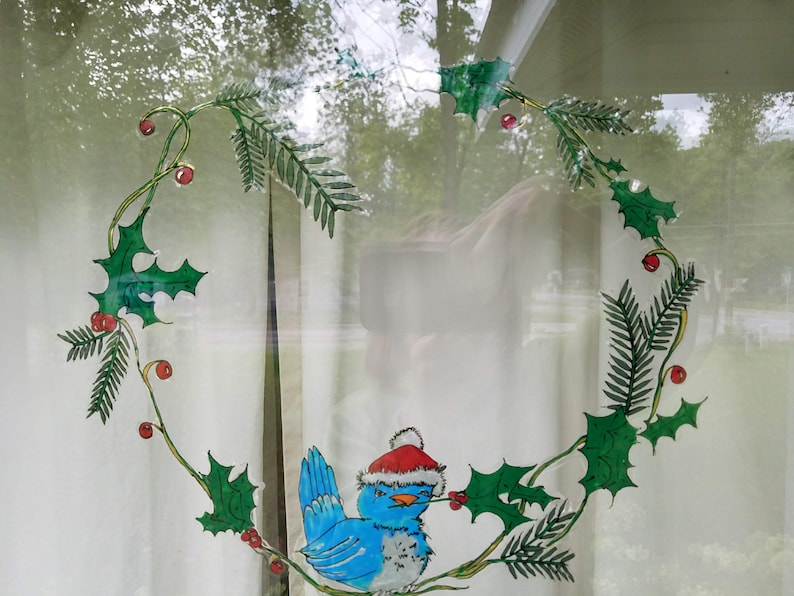 handpainted art clingstained glass decal Holly and Pine Christmas blue bird wreath
