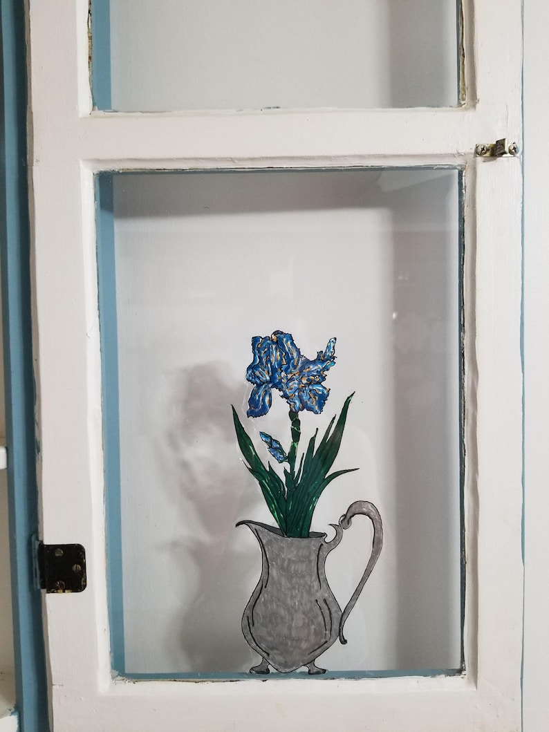Hand Painted Stained Glass art clingdecal Blue Iris in Silver Pitcher