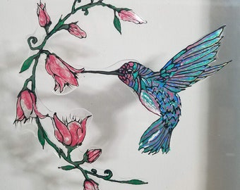 Turquoise and purple hummingbird with pink flowers - Hand painted stained glass decal/cliing