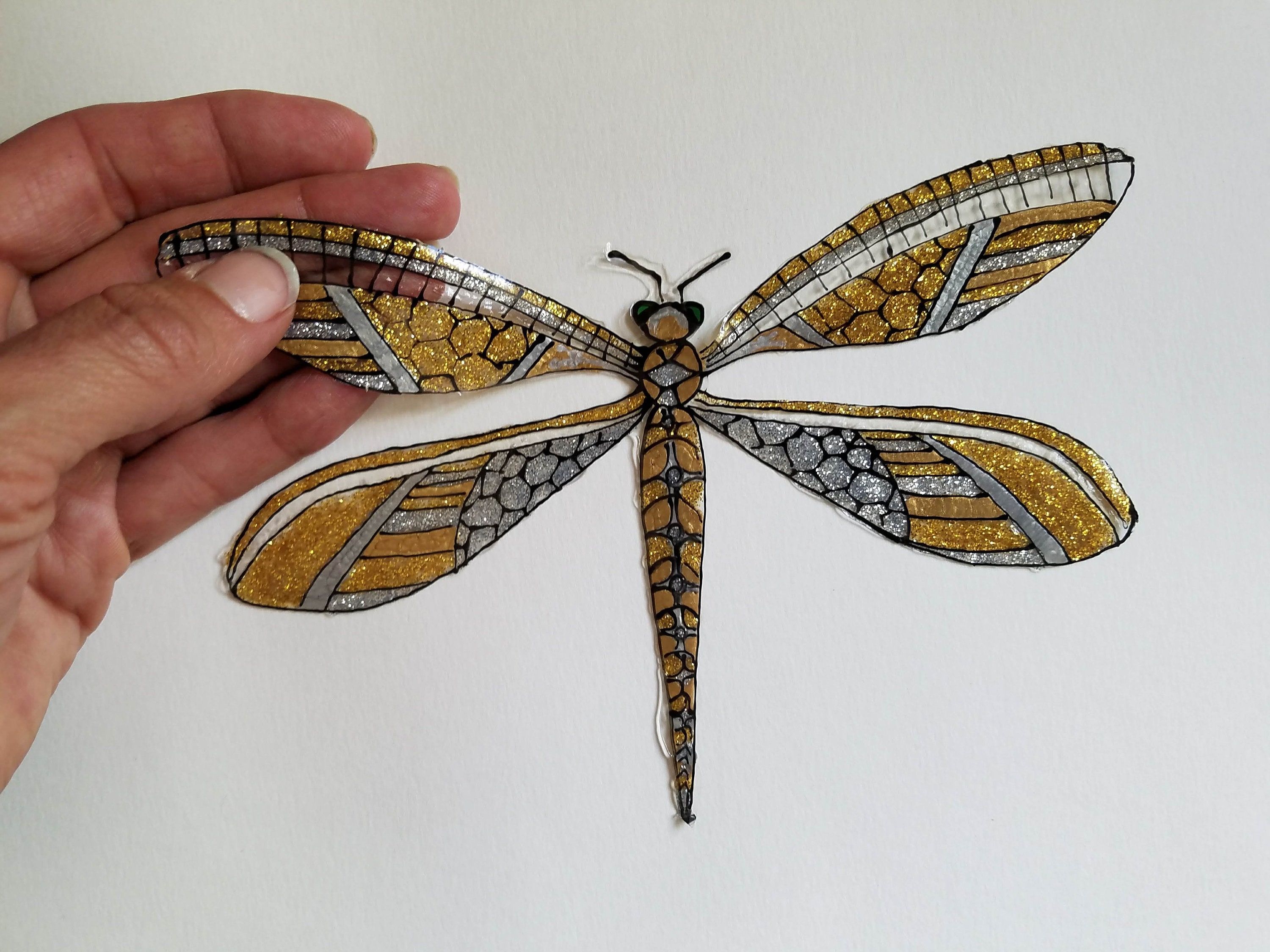 Blue and Gold Sparkle Dragonfly 8 inch wingspan handpainted art clingdecal