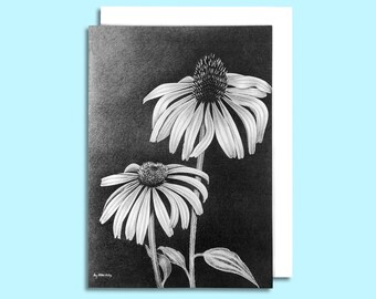 Coneflower Note Card 5x7, White Charcoal Drawing on Black Paper, Botanical Art Stationery, Blank Floral Greeting Card, Monochrome Flower Art