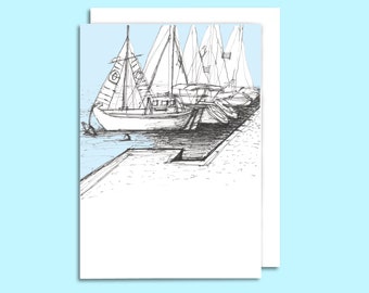 Tarjetas de notas con veleros dibujados a mano – Set de papelería de arte costero