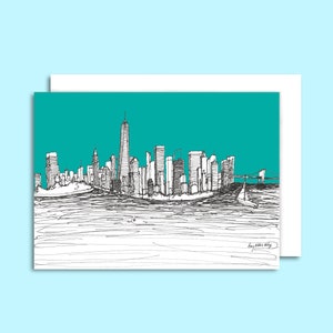 New York City Skyline Note Card – 5x7 Blank Greeting Card, NYC Travel Sketch, Liberty Island View, Urban Art Print, New York Stationery