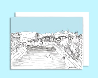 Florence Italy Note Card – Ponte Vecchio Sketch, 5x7 Blank Greeting Card, Italian Stationery, Arno River Art Print